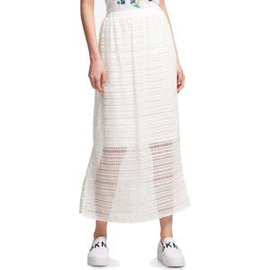 DKNY Maxi Skirt Large Womens Lace Side-Slit Pull-On Elastic Waist Textured Ivory